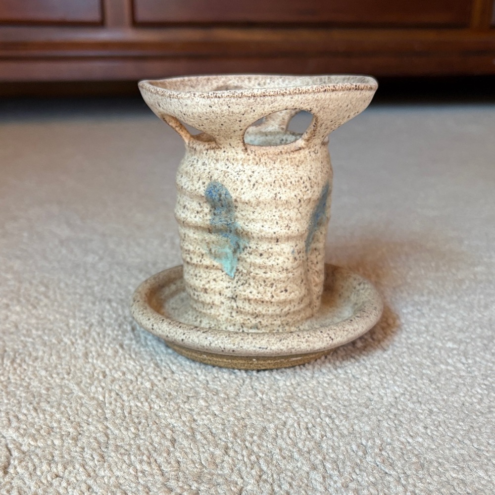 Handcrafted Beige and Blue Ceramic toothbrush holder
